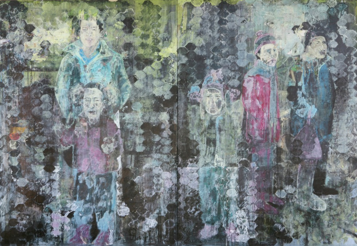 In Boštjan Jurečič Alluvios Gemälde “Wire” aus dem Jahr 2016, schälen sich schemenhafte Gestalten aus dem Hintergrund heraus.