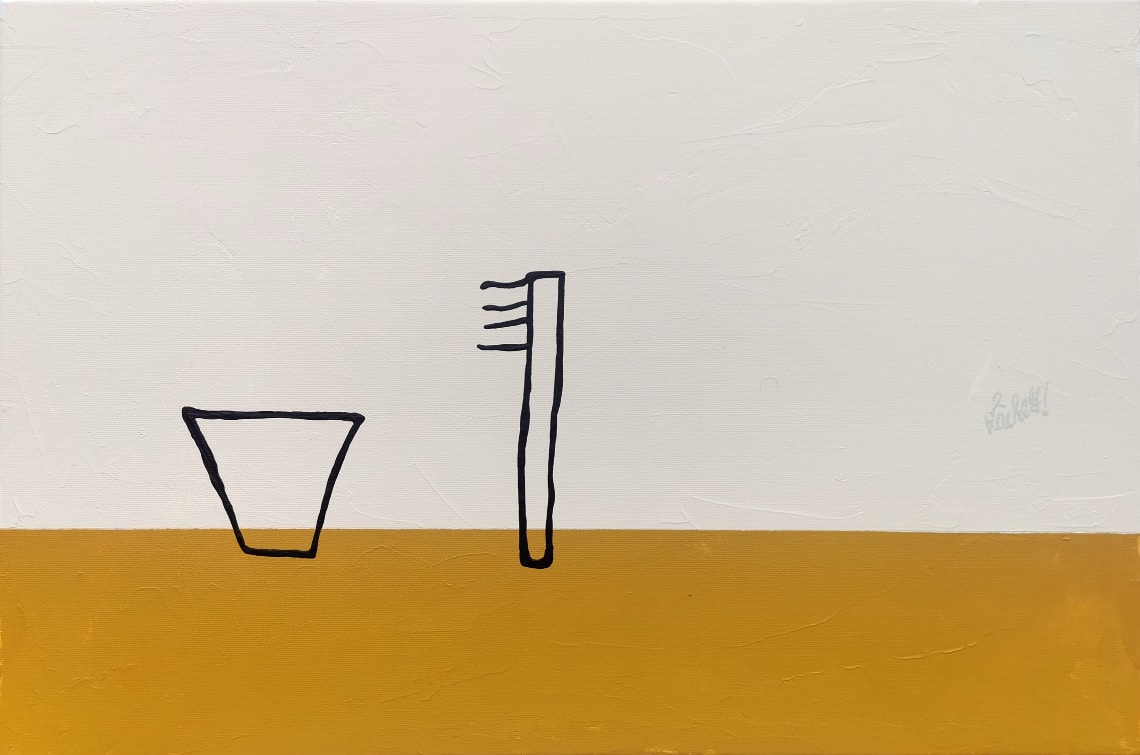 Uli Lächelt XXXI 1 - Zahnbecher und Zahnbürste - Malerei, Acryl auf Leinwand - 40 x 60cm - 2025